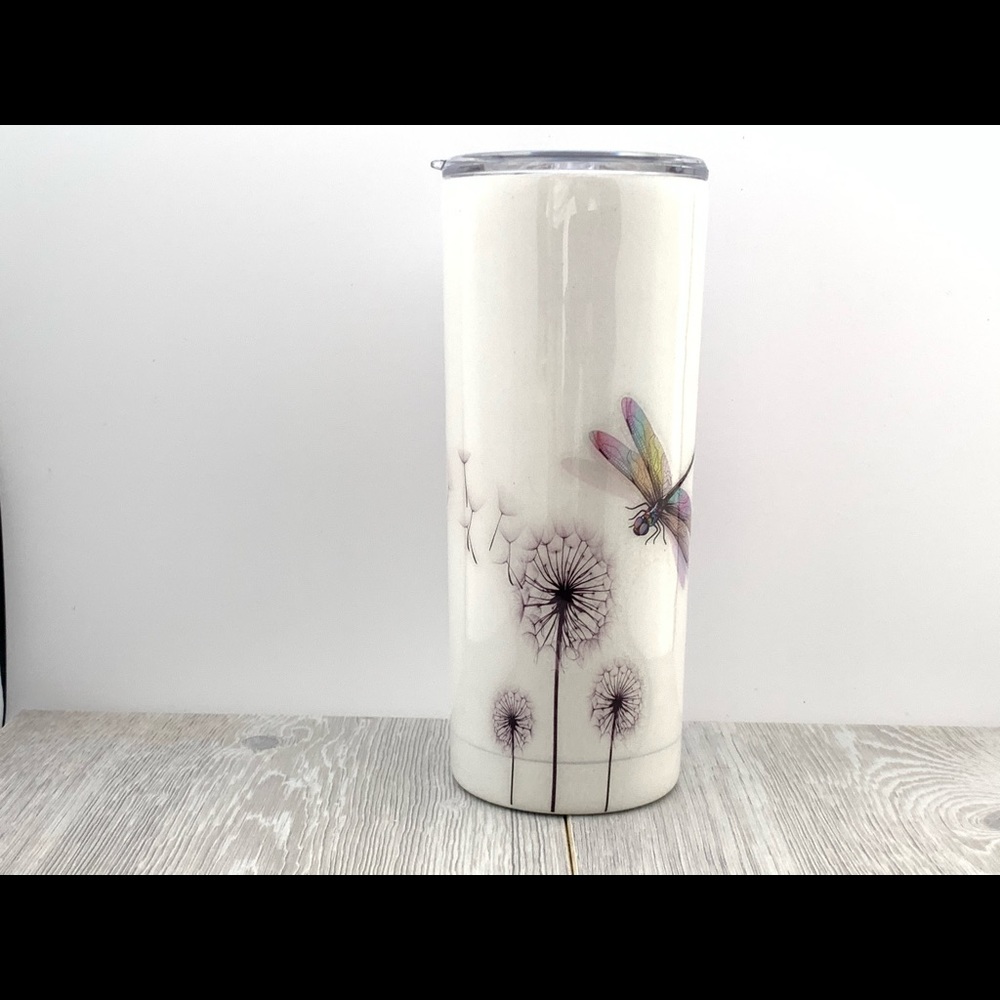 Dandelion flower and Dragonflies white glitter